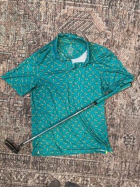 Men’s Golf Polo Med Green Golf Cart Print Novelty Moisture Wicking Performance